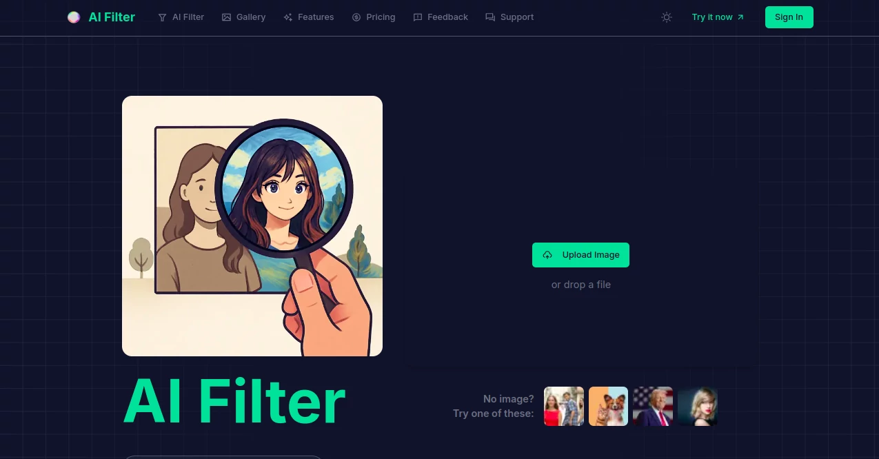 Screenshot of AI Photo Filter – An AI tool in the ,AI Social Media Assistant ,AI Content Detector ,AI Productivity Tools  category, showcasing its interface and key features.