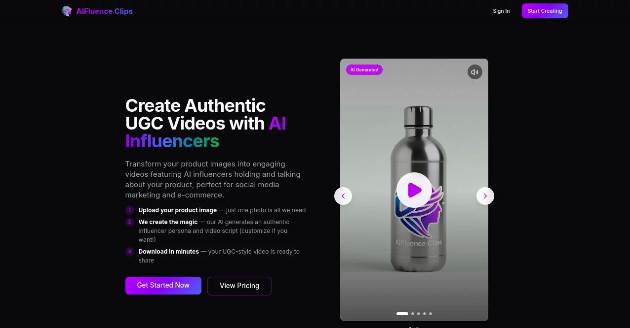 Screenshot of AIFluence Clips – An AI tool in the ,AI UGC Video Generator ,AI Personalized Video Generator ,AI Video Generator ,AI Short Clips Generator  category, showcasing its interface and key features.