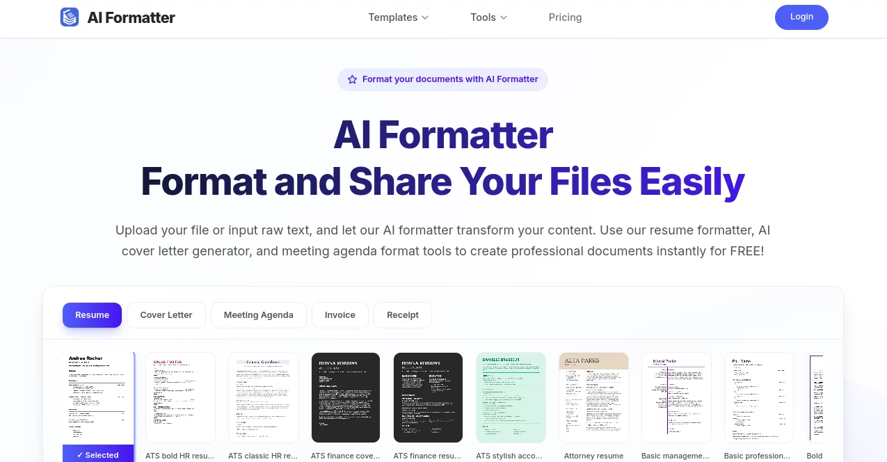 Screenshot of AI Formatter – An AI tool in the ,AI Rewriter ,AI Content Generator ,AI Resume Builder ,AI Cover Letter Generator  category, showcasing its interface and key features.