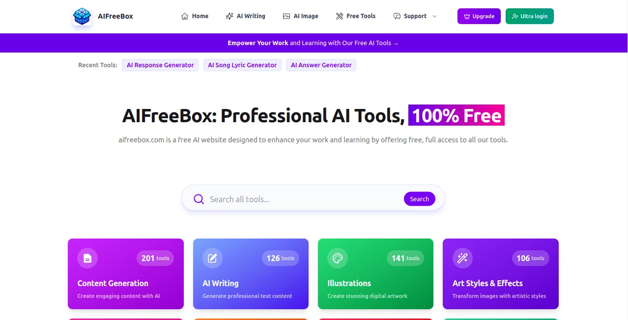 Screenshot of AIFreeBox – An AI tool in the ,AI Writing Assistants ,AI Content Generator ,AI Social Media Assistant ,AI Hashtag Assistant  category, showcasing its interface and key features.