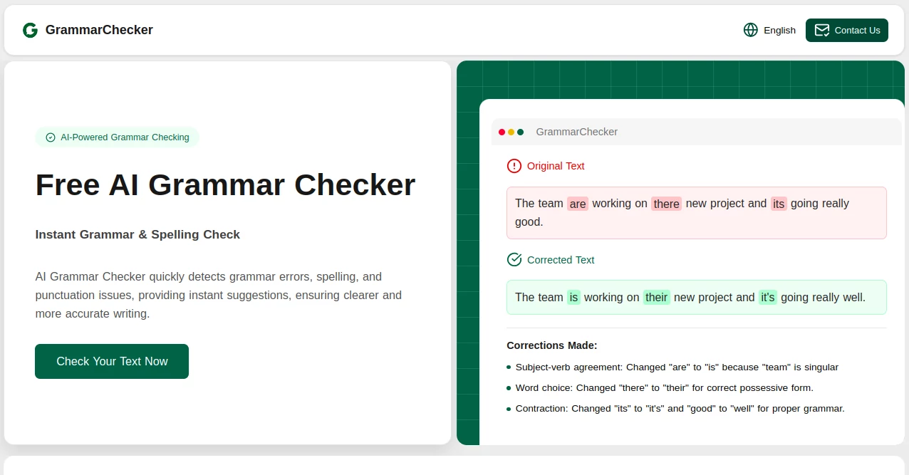 Screenshot of GrammarChecker – An AI tool in the ,AI Checker Essay ,AI Plagiarism Checker ,AI Grammar Checker ,AI Content Detector  category, showcasing its interface and key features.