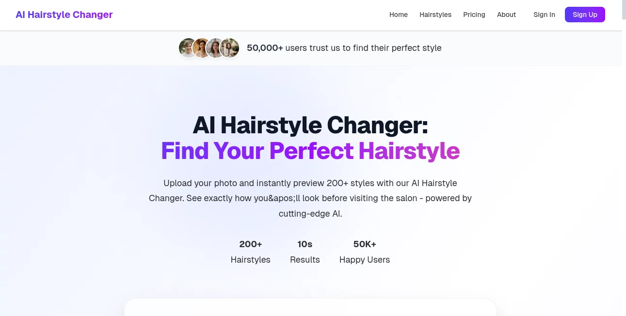 Screenshot of AI Hairstyle Changer – An AI tool in the ,Photo & Image Editor ,AI Selfie & Portrait ,AI Image to Image ,AI Fun Tools  category, showcasing its interface and key features.