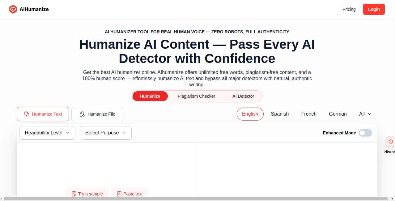 Screenshot of Humanize AI – An AI tool in the ,AI Rewriter ,AI Paraphraser ,AI Writing Assistants ,AI Content Generator  category, showcasing its interface and key features.