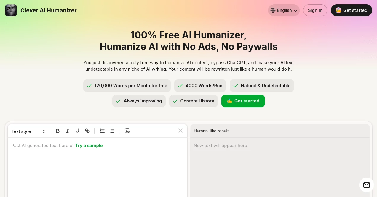Screenshot of Clever AI Humanizer – An AI tool in the ,AI Rewriter ,AI Plagiarism Checker ,AI Grammar Checker ,AI Content Detector  category, showcasing its interface and key features.