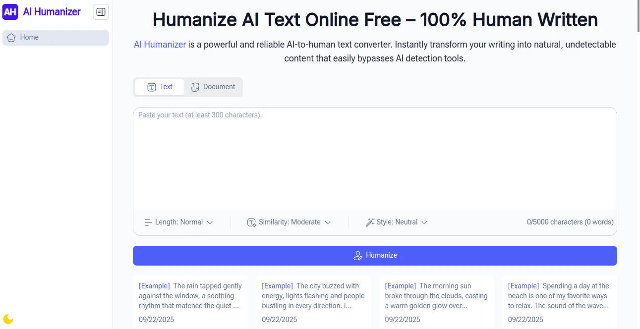 Screenshot of AI Humanizer – An AI tool in the ,AI Rewriter ,AI Content Generator ,AI Plagiarism Checker ,AI Grammar Checker  category, showcasing its interface and key features.