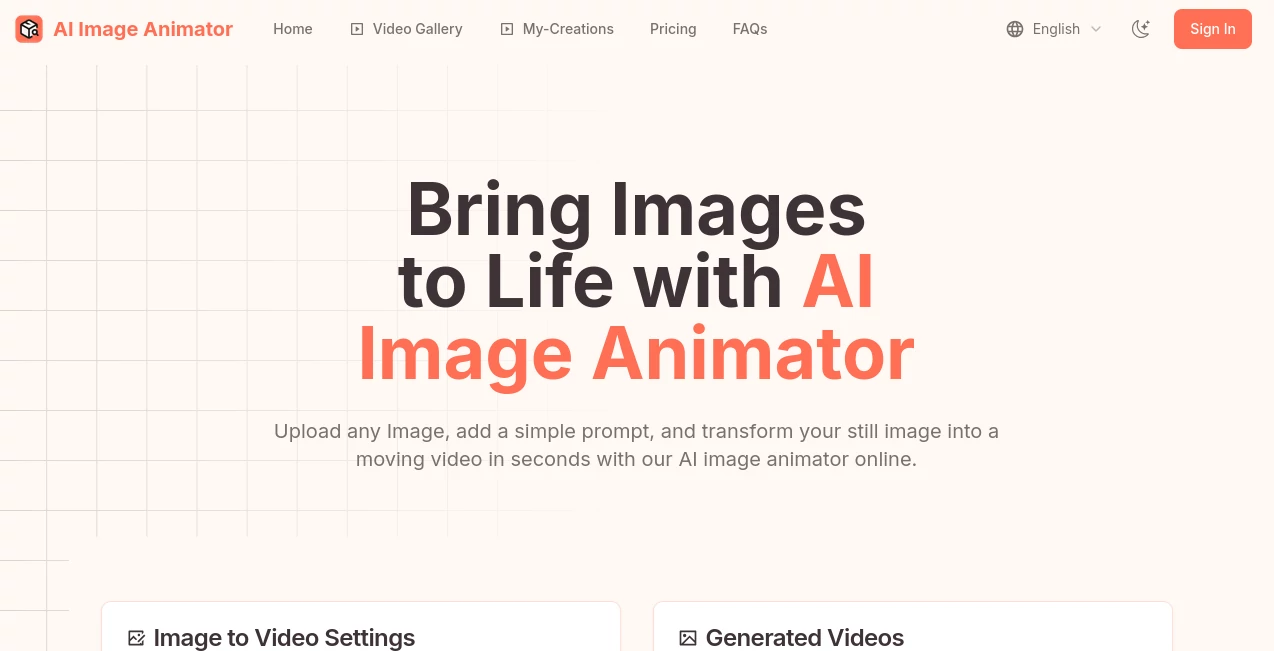 Screenshot of AI Image Animator – An AI tool in the ,Photo & Image Editor ,AI Animated Video ,AI Image to Video ,AI Video Generator  category, showcasing its interface and key features.