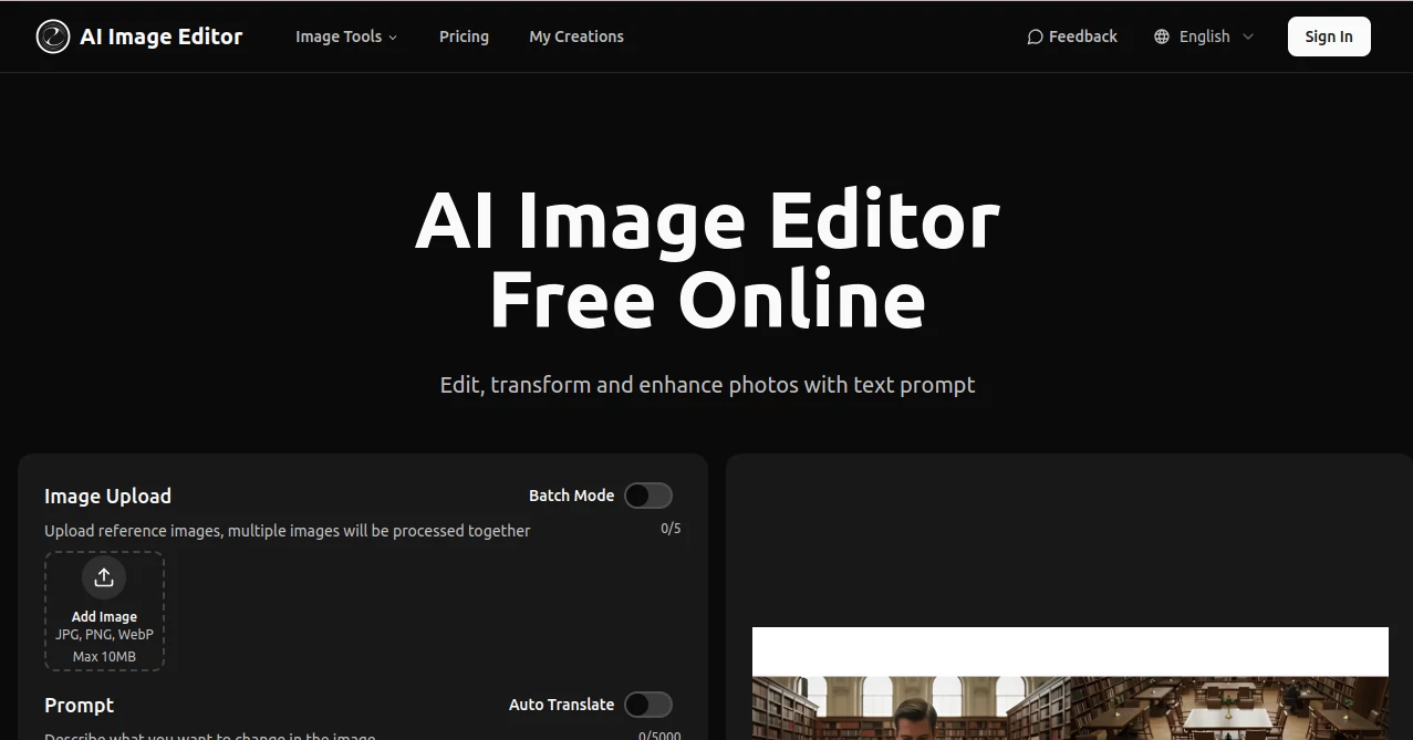 Screenshot of AI Image Editor – An AI tool in the ,Photo & Image Editor ,AI Photo Enhancer ,AI Background Remover ,AI Image to Image  category, showcasing its interface and key features.