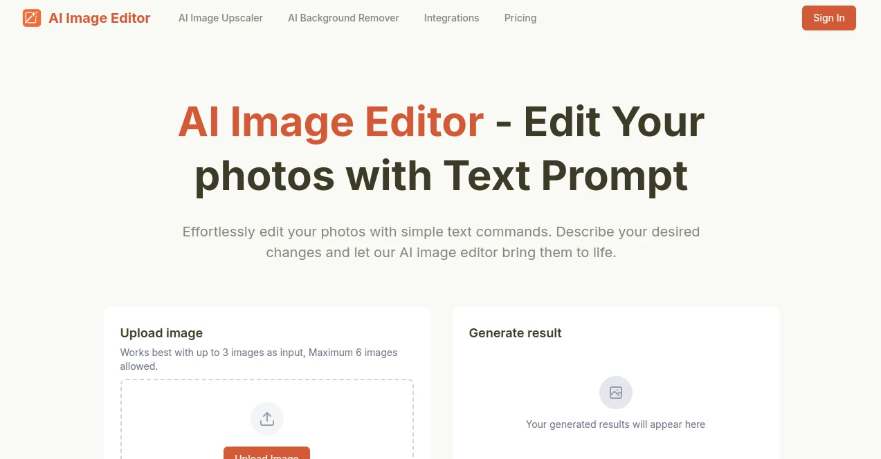 Screenshot of AI Image Editor – An AI tool in the ,Photo & Image Editor ,AI Background Remover ,AI Image to Image ,AI Design Generator  category, showcasing its interface and key features.