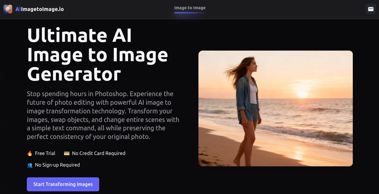 Screenshot of AIImagetoImage.io – An AI tool in the ,Photo & Image Editor ,AI Photo Enhancer ,AI Image to Image ,AI Design Generator  category, showcasing its interface and key features.