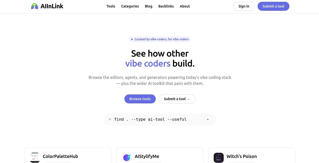 Screenshot of AIInLink – An AI tool in the ,AI Landing Page Builder ,AI Bio Link ,AI Social Media Assistant ,Marketing  category, showcasing its interface and key features.