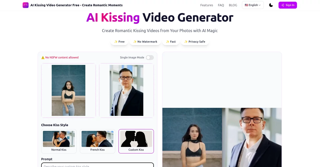Screenshot of AI Kissing Video Generator – An AI tool in the ,AI Animated Video ,AI Video Editor ,AI Video Generator ,AI Short Clips Generator  category, showcasing its interface and key features.