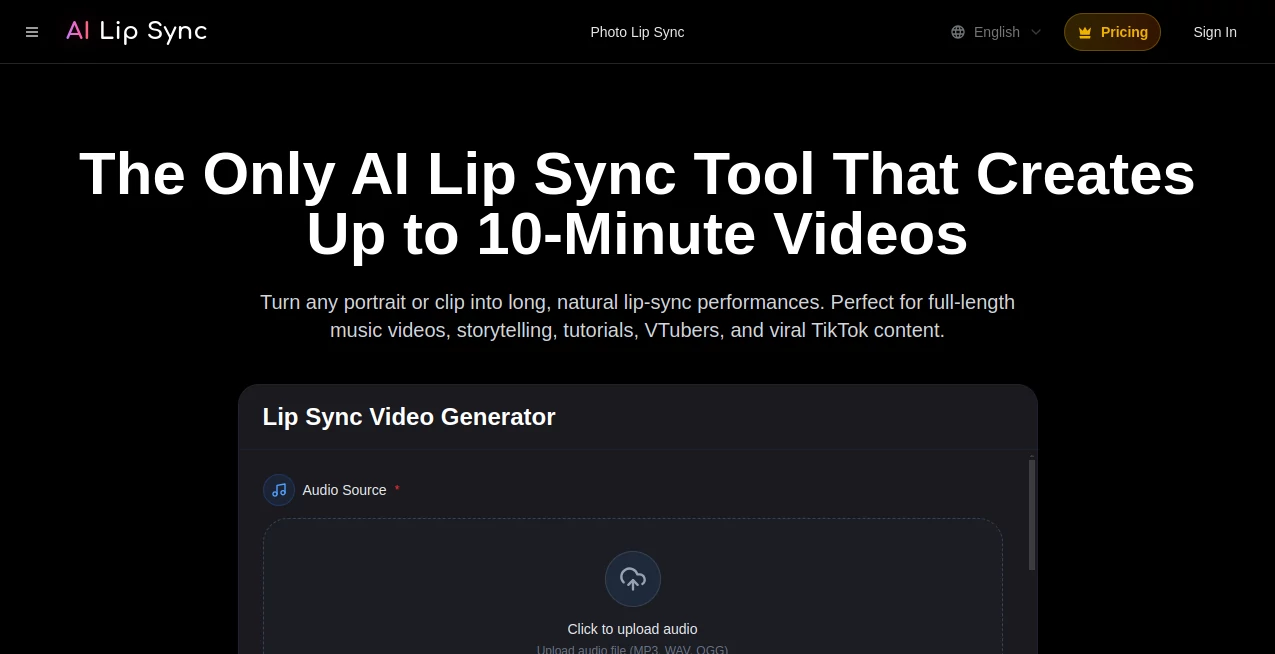 Screenshot of AI Lip Sync – An AI tool in the ,AI Animated Video ,AI Video Editor ,AI Video Generator ,AI Lip Sync Generator  category, showcasing its interface and key features.