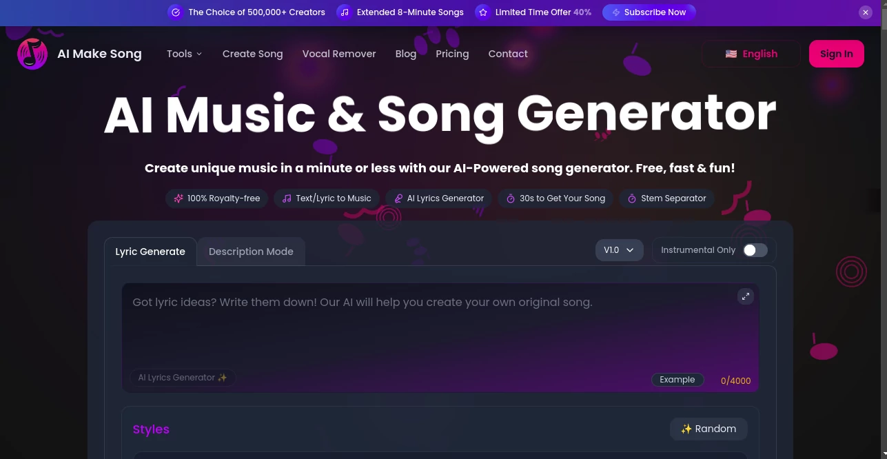 Screenshot of AI Make Song – An AI tool in the ,AI Music Generator ,Text & Writing ,Voice  category, showcasing its interface and key features.