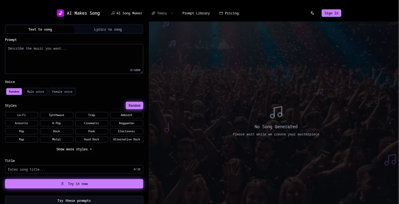 Screenshot of AI Makes Song – An AI tool in the ,AI Text to Music ,AI Lyrics Generator ,AI Music Generator ,AI Singing Generator  category, showcasing its interface and key features.
