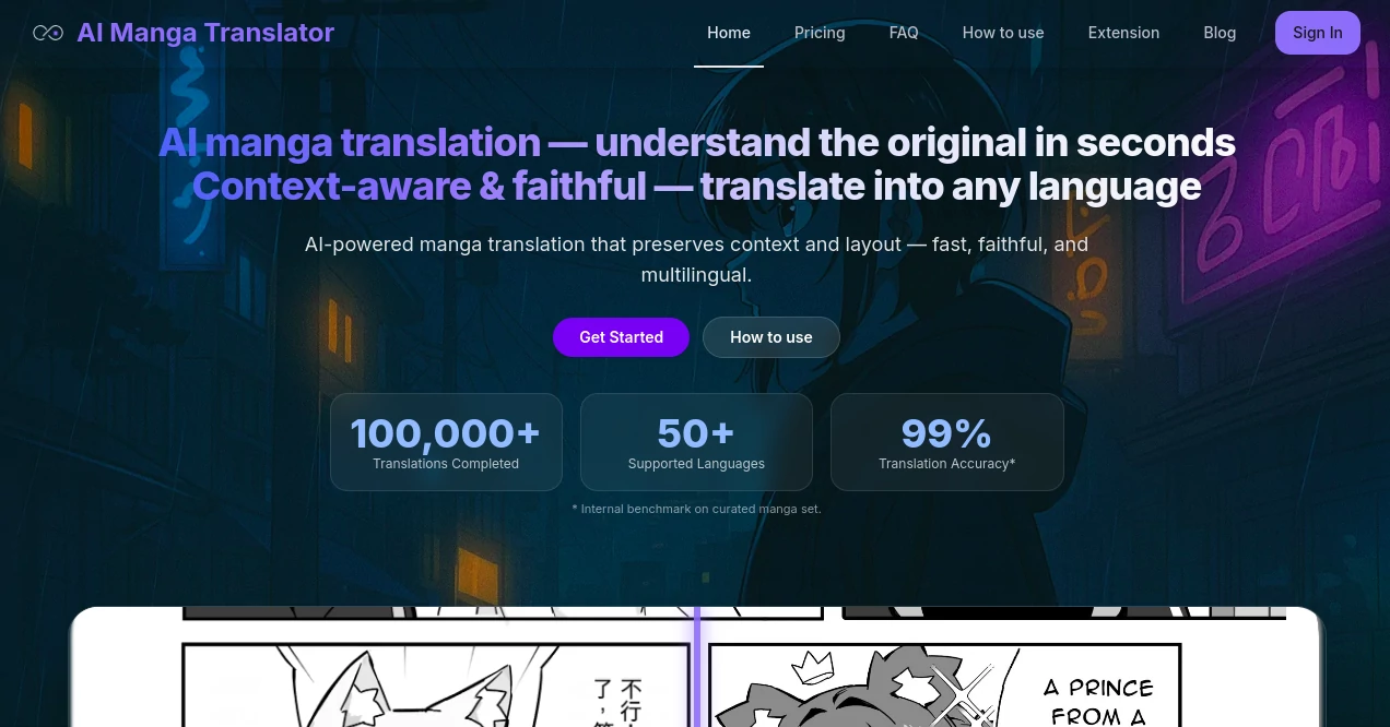 Screenshot of AI Manga Translator – An AI tool in the ,AI Translate ,AI Rewriter ,AI Paraphraser ,AI Content Generator  category, showcasing its interface and key features.