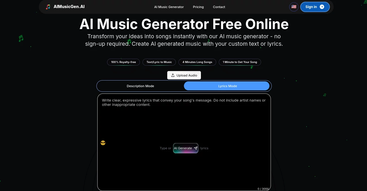 Screenshot of AI Music Generator – An AI tool in the ,AI Text to Music ,AI Lyrics Generator ,AI Music Generator  category, showcasing its interface and key features.