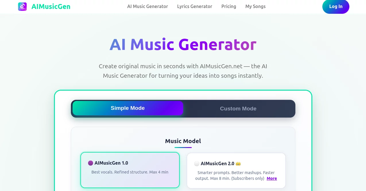 Screenshot of AIMusicGen – An AI tool in the ,AI Lyrics Generator ,AI Music Generator ,AI Text to Music ,AI Singing Generator  category, showcasing its interface and key features.