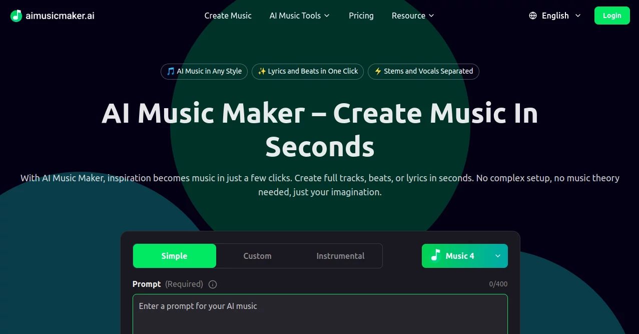 Screenshot of AI Music Maker – An AI tool in the ,AI Lyrics Generator ,AI Music Generator ,AI Voice Changer ,AI Text to Music  category, showcasing its interface and key features.