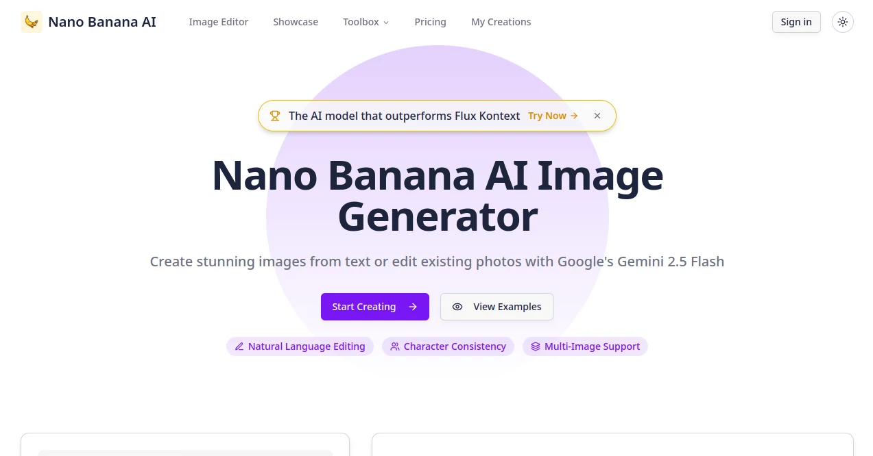 Screenshot of Nano Banana AI – An AI tool in the ,AI Photo & Image Generator ,AI Design Generator  category, showcasing its interface and key features.
