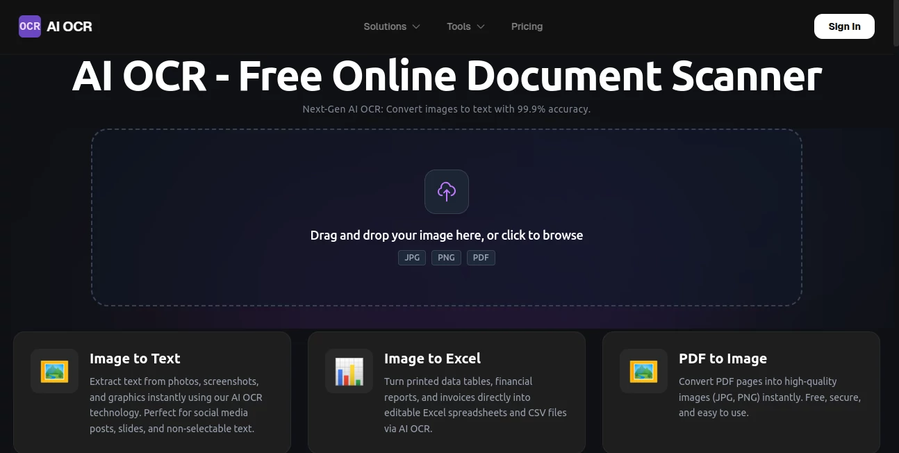 Screenshot of AI OCR – An AI tool in the ,AI Transcriber ,AI PDF ,AI Documents Assistant ,AI Document Extraction  category, showcasing its interface and key features.