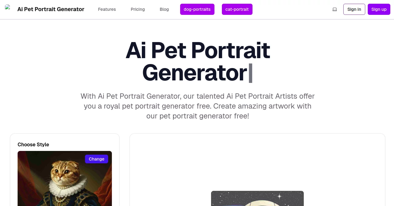 Screenshot of Ai pet portrait generator – An AI tool in the ,AI Photo & Image Generator ,AI Photo Enhancer ,Photo & Image Editor ,AI Art Generator  category, showcasing its interface and key features.