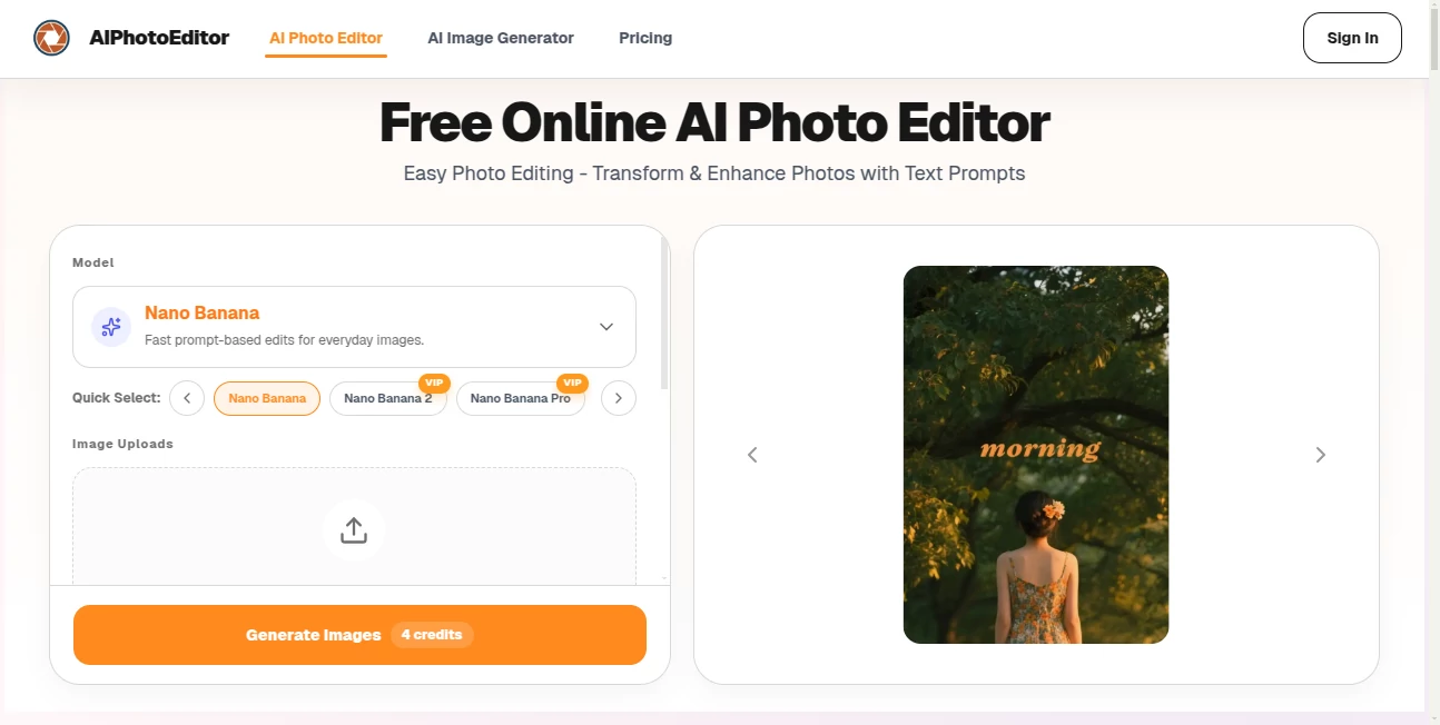 Screenshot of AI Photo Editor – An AI tool in the ,Photo & Image Editor ,AI Photo Enhancer ,AI Design Generator ,AI Image to Image  category, showcasing its interface and key features.