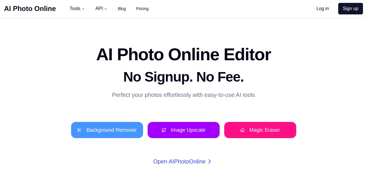 Screenshot of AI Photo Online – An AI tool in the ,AI Background Remover ,Photo & Image Editor ,AI Photo Enhancer ,AI Image to Image  category, showcasing its interface and key features.