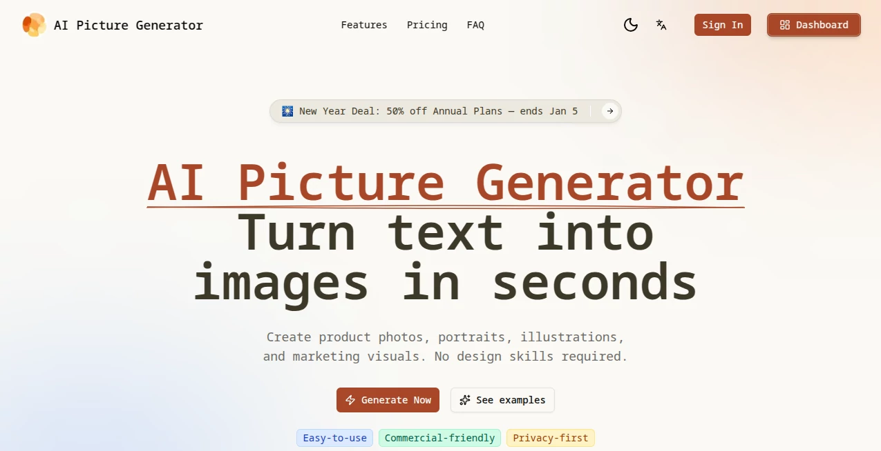 Screenshot of AI Picture Generator – An AI tool in the ,AI Photo & Image Generator ,Photo & Image Editor ,AI Art Generator ,AI Text to Image  category, showcasing its interface and key features.