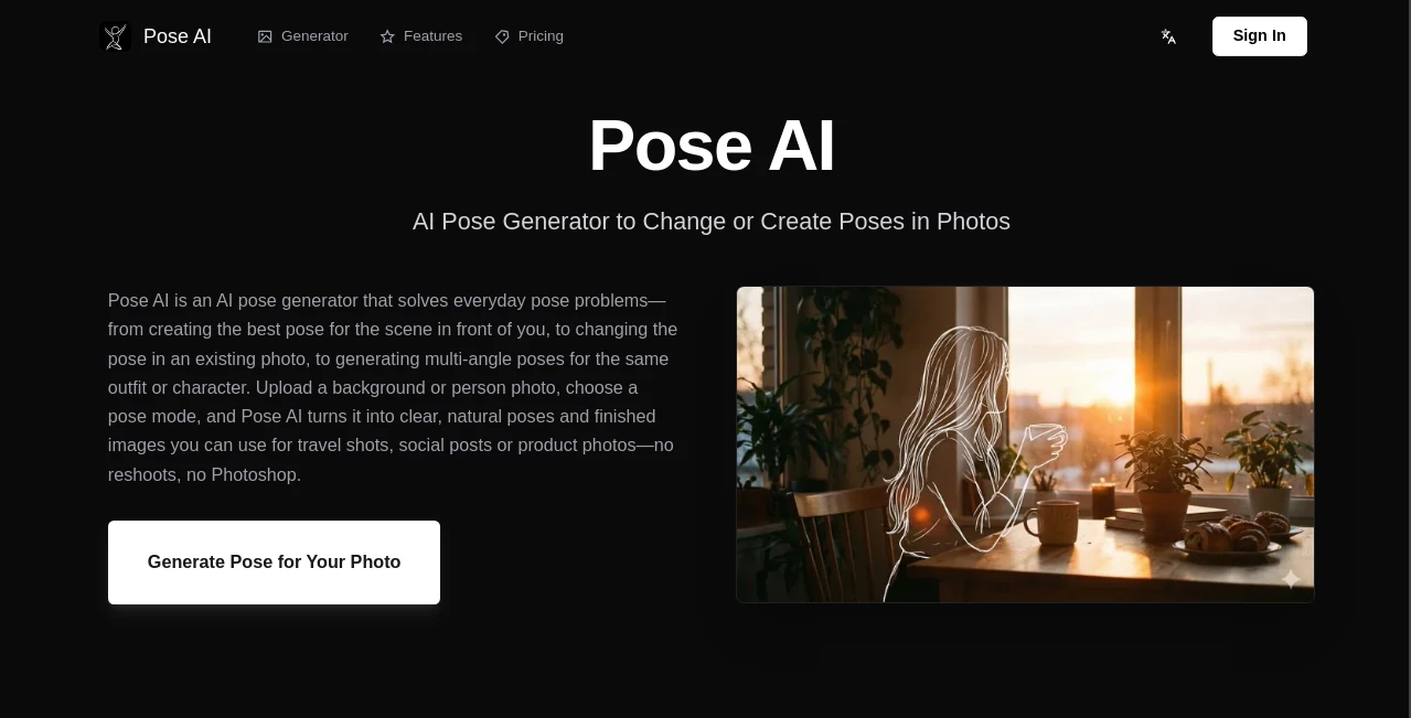 Screenshot of Pose AI – An AI tool in the ,Photo & Image Editor ,AI Image to Image ,AI Design Generator ,AI Fun Tools  category, showcasing its interface and key features.