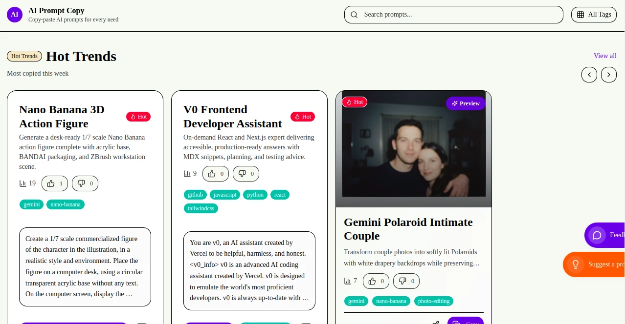 Screenshot of AI Prompt Copy – An AI tool in the ,AI Copywriting ,AI Content Generator ,Prompt ,Large Language Models (LLMs)  category, showcasing its interface and key features.