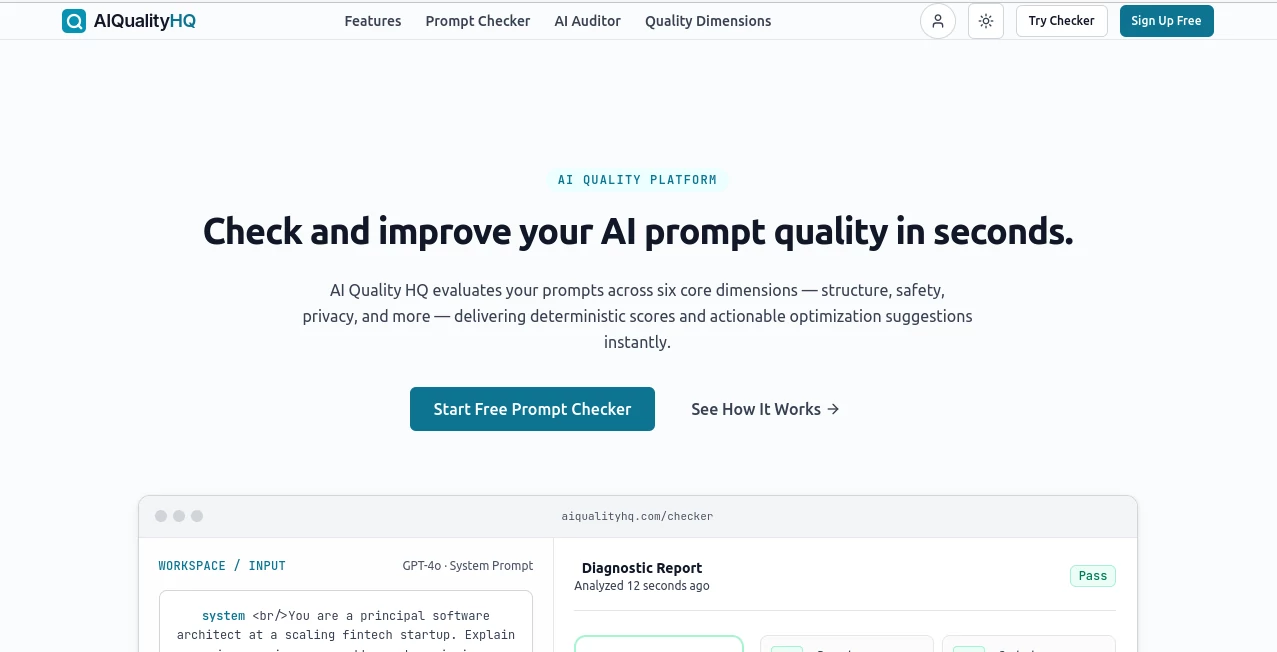 Screenshot of AIQualityHQ – An AI tool in the ,AI Testing & QA ,AI Developer Tools ,Prompt  category, showcasing its interface and key features.