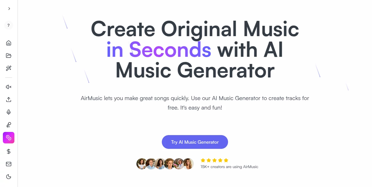 Screenshot of AirMusic – An AI tool in the ,AI Music Generator ,AI Voice & Audio Editing ,AI Text to Music ,AI Singing Generator  category, showcasing its interface and key features.