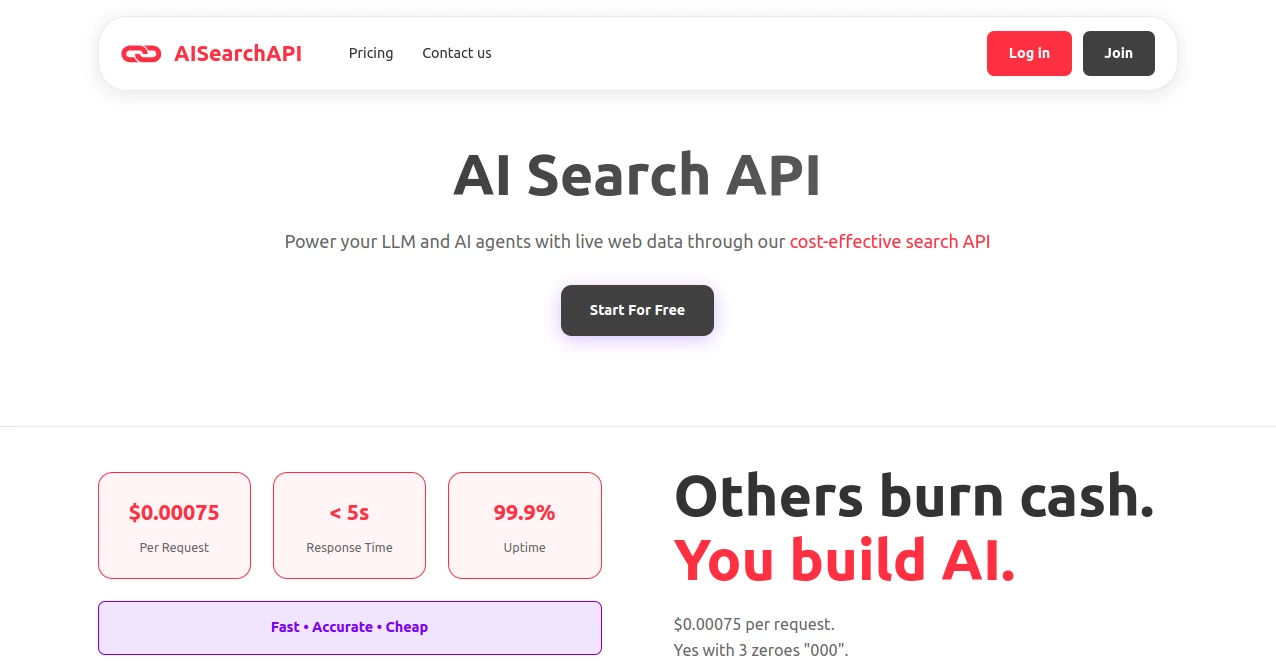 Screenshot of Ai Search API – An AI tool in the ,AI API Design ,AI Developer Tools ,AI Search Engine  category, showcasing its interface and key features.