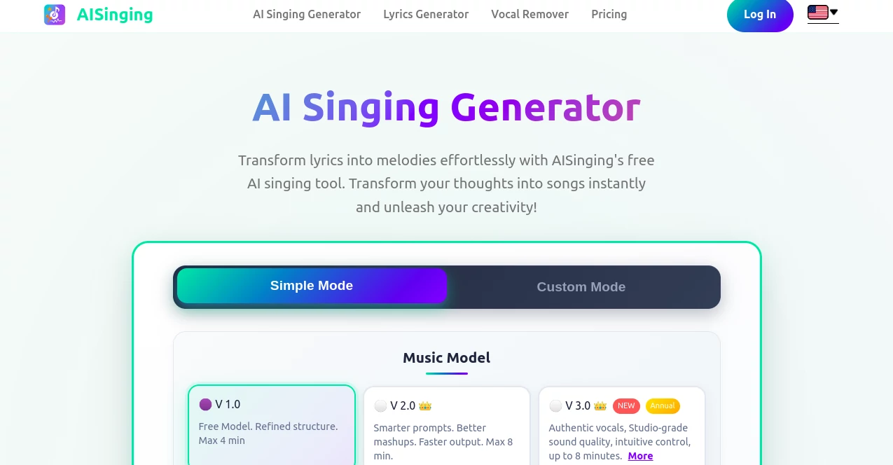Screenshot of AISinging – An AI tool in the ,AI Lyrics Generator ,AI Music Generator ,AI Text to Music ,AI Singing Generator  category, showcasing its interface and key features.