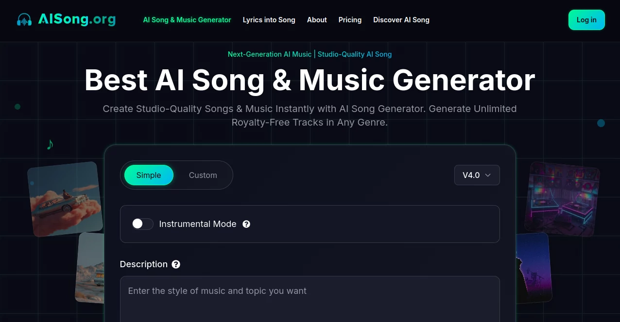 Screenshot of AISong – An AI tool in the ,AI Lyrics Generator ,AI Music Generator ,AI Text to Speech ,AI Text to Music  category, showcasing its interface and key features.