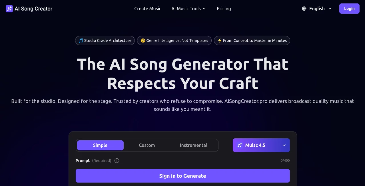 Screenshot of AI Song Generator – An AI tool in the ,AI Lyrics Generator ,AI Music Generator ,AI Text to Music ,AI Singing Generator  category, showcasing its interface and key features.