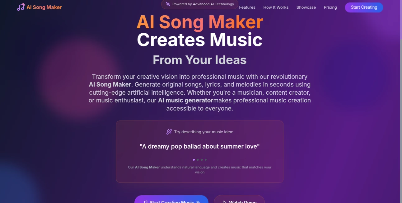 Screenshot of AI Song Maker – An AI tool in the ,AI Text to Music ,AI Lyrics Generator ,AI Music Generator ,AI Singing Generator  category, showcasing its interface and key features.