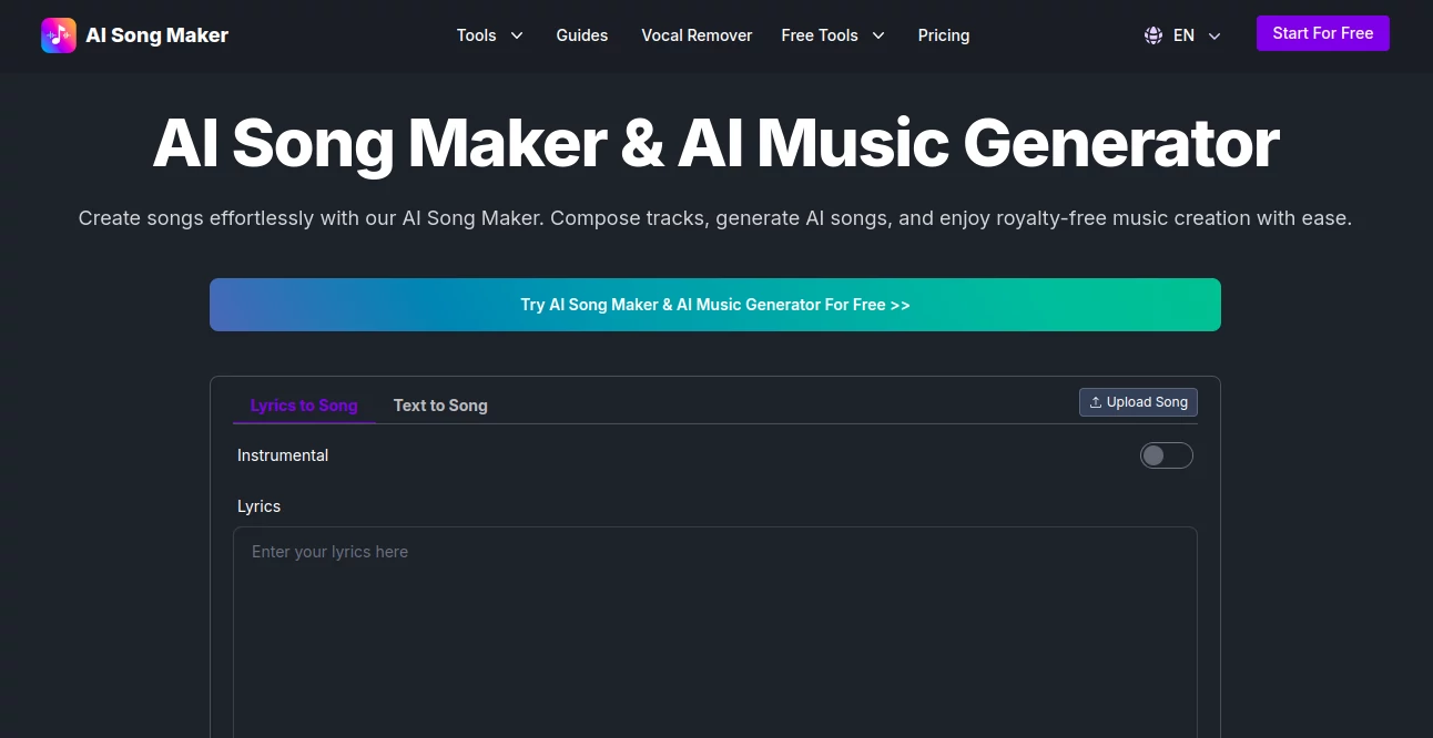 Screenshot of AI Song Maker – An AI tool in the ,AI Lyrics Generator ,AI Music Generator ,AI Voice Changer ,AI Text to Music  category, showcasing its interface and key features.