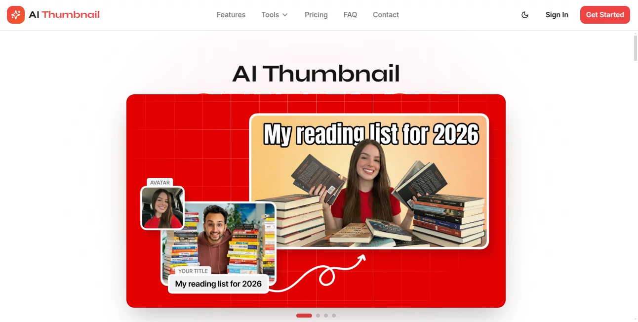 Screenshot of AI Thumbnail – An AI tool in the ,AI Photo & Image Generator ,AI Thumbnail Maker ,AI Design Generator ,AI Graphic Design  category, showcasing its interface and key features.
