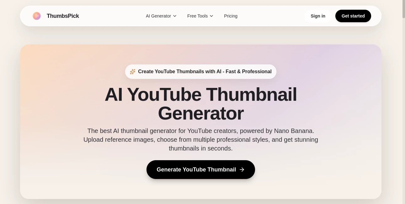 Screenshot of Thumbspick – An AI tool in the ,AI Photo & Image Generator ,AI YouTube Assistant ,AI Design Generator ,AI Thumbnail Maker  category, showcasing its interface and key features.
