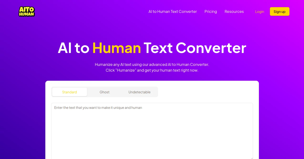 Screenshot of AI to Human – An AI tool in the ,AI Rewriter ,AI General Writing ,AI Plagiarism Checker ,AI Content Detector  category, showcasing its interface and key features.