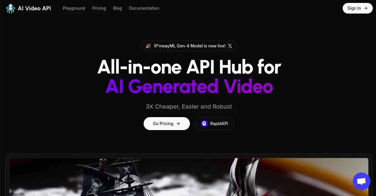 Screenshot of AI Video API – An AI tool in the ,AI Animated Video ,AI Image to Video ,AI Text to Video ,AI Video Generator  category, showcasing its interface and key features.