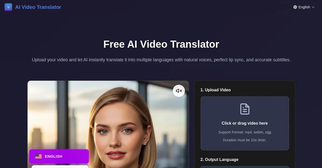 Screenshot of AI Video Translator – An AI tool in the ,AI Video Editor ,AI Text to Speech ,AI Speech to Text  category, showcasing its interface and key features.