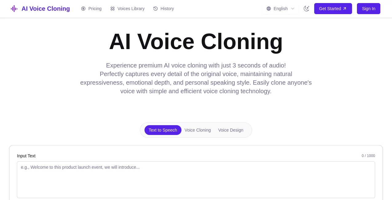 Screenshot of AI Voice Cloning – An AI tool in the ,AI Speech to Text ,AI Voice Changer ,AI Voice Cloning ,AI Speech Synthesis  category, showcasing its interface and key features.