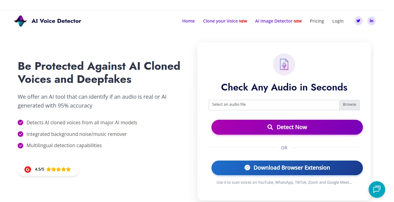 Screenshot of AI Voice Detector – An AI tool in the ,AI Voice Cloning ,AI Speech Recognition ,AI Voice Assistants ,AI Content Detector  category, showcasing its interface and key features.