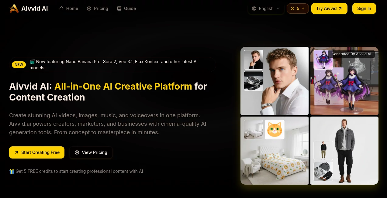 Screenshot of Aivvid AI – An AI tool in the ,AI Photo & Image Generator ,AI Video Generator ,AI Music Generator ,AI Text to Music  category, showcasing its interface and key features.