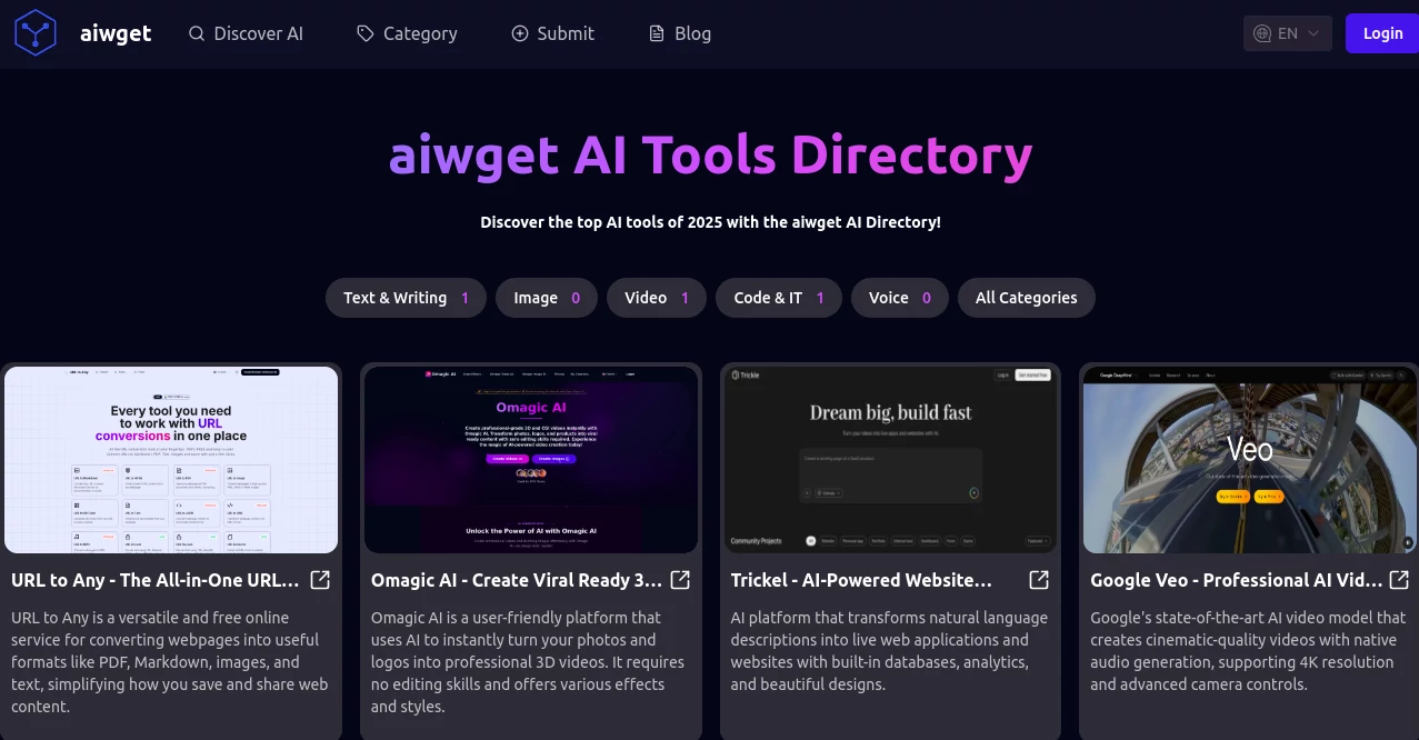 Screenshot of aiwget – An AI tool in the ,AI Tools Directory  category, showcasing its interface and key features.