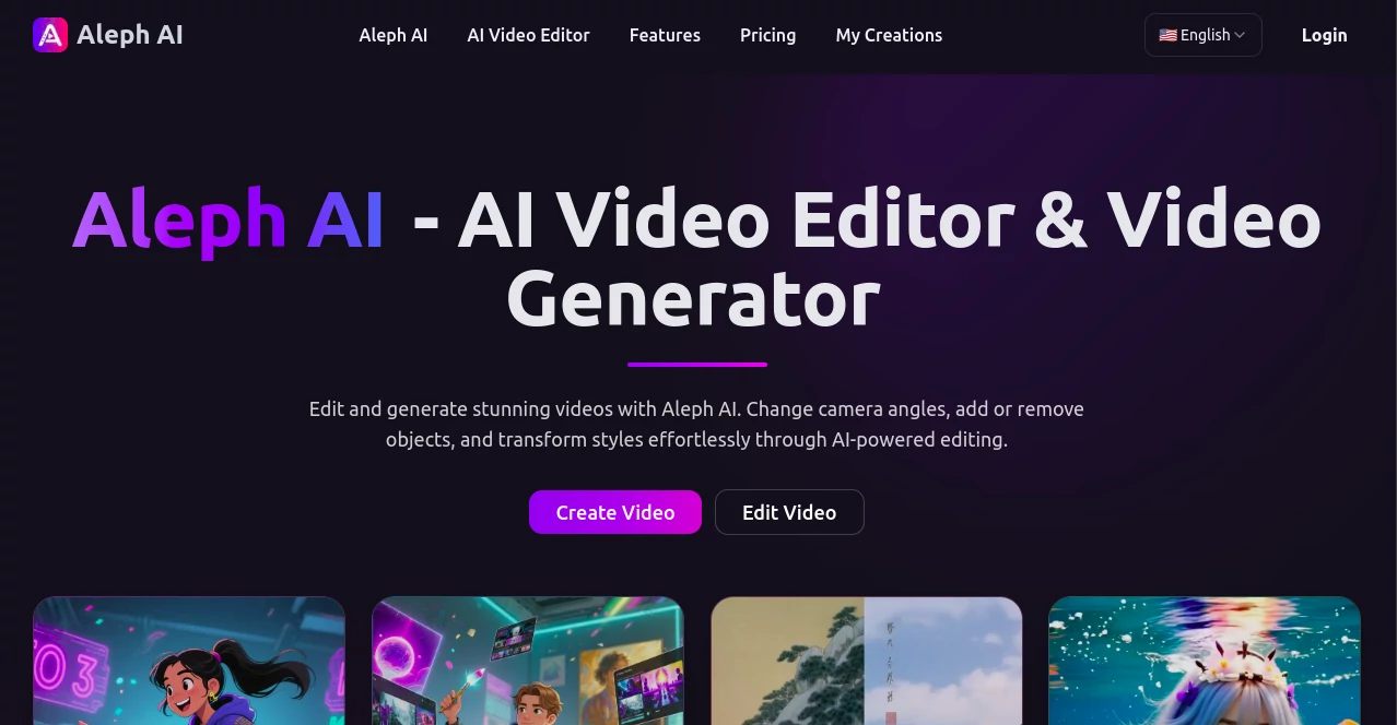 Screenshot of Aleph AI – An AI tool in the ,AI Animated Video ,AI Image to Video ,AI Video Editor ,AI Video Generator  category, showcasing its interface and key features.