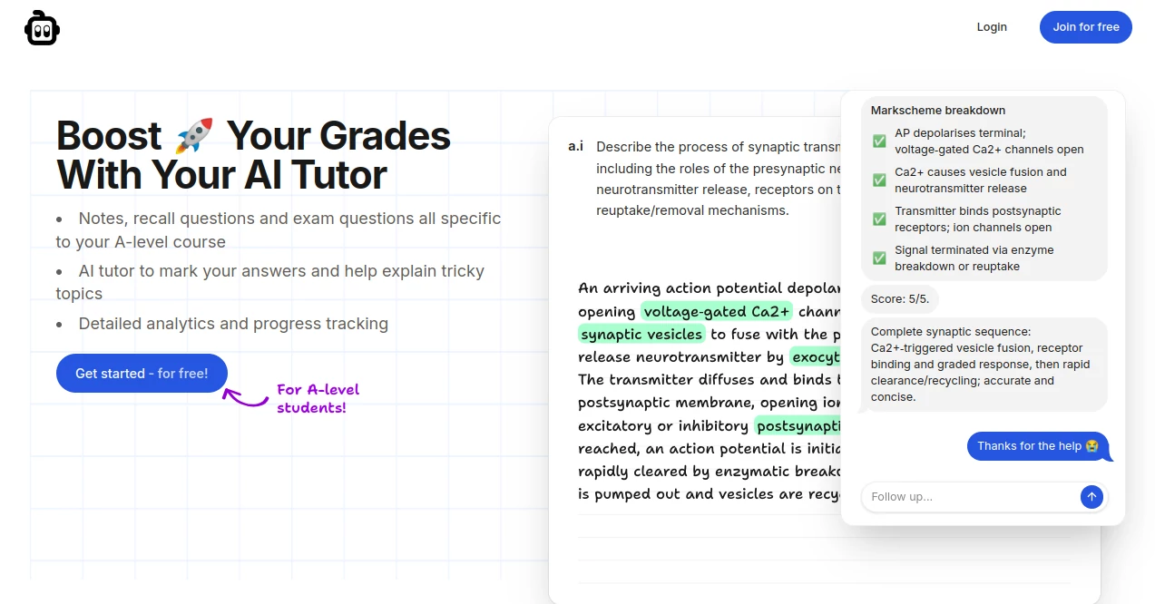 Screenshot of A-levels AI – An AI tool in the ,AI Homework Helper ,AI Course ,AI Quizzes ,AI Education Assistant  category, showcasing its interface and key features.