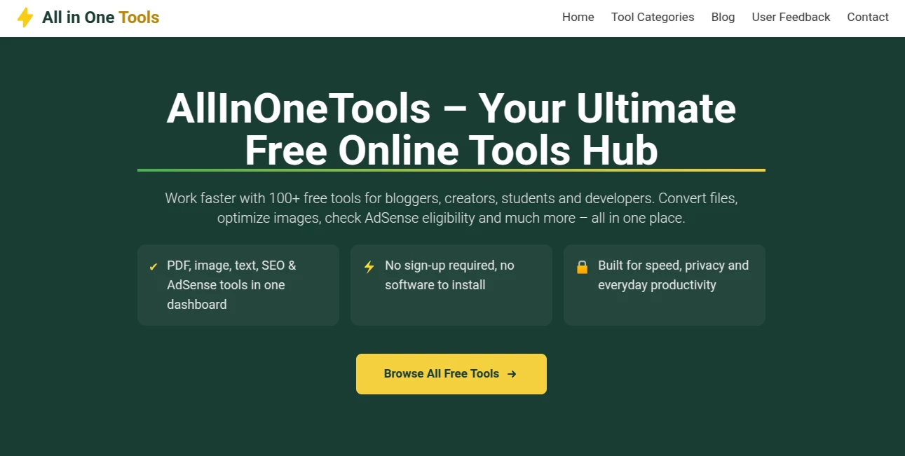 Screenshot of AllInOneTools – An AI tool in the ,AI Workflow Management ,AI SEO Assistant ,AI Productivity Tools ,AI Developer Tools  category, showcasing its interface and key features.